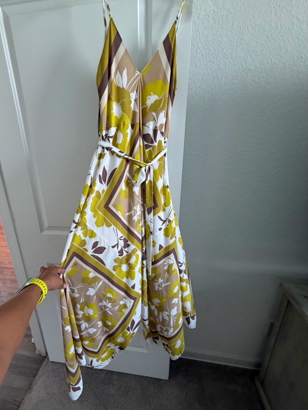 New York & Company Yellow and Cream Floralw Midi Slip Dress